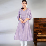 Laxmipati Jasmine Geometric Foil Print Viscose A Line Kurti with Embroidered Neckline in Purple Color