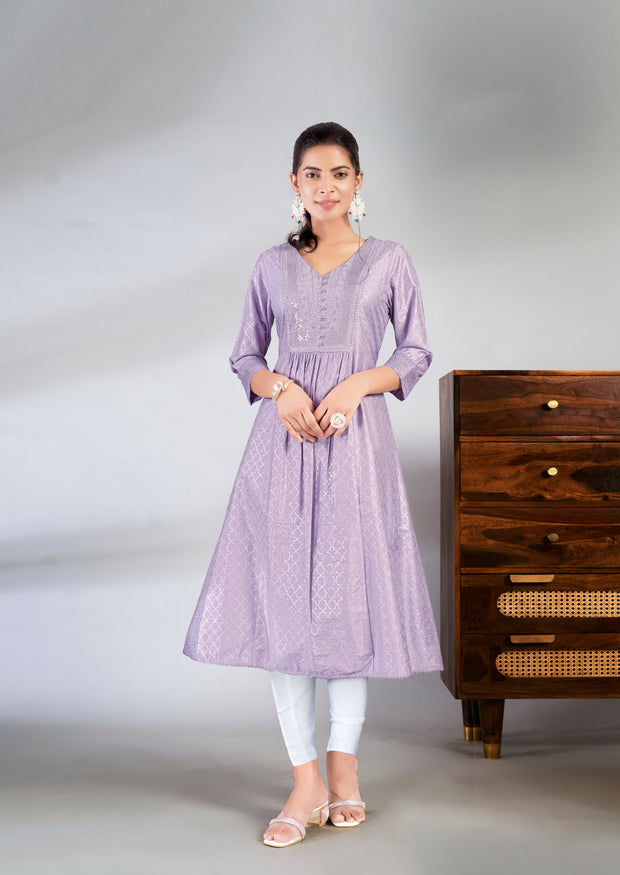 Laxmipati Jasmine Geometric Foil Print Viscose A Line Kurti with Embroidered Neckline in Purple Color