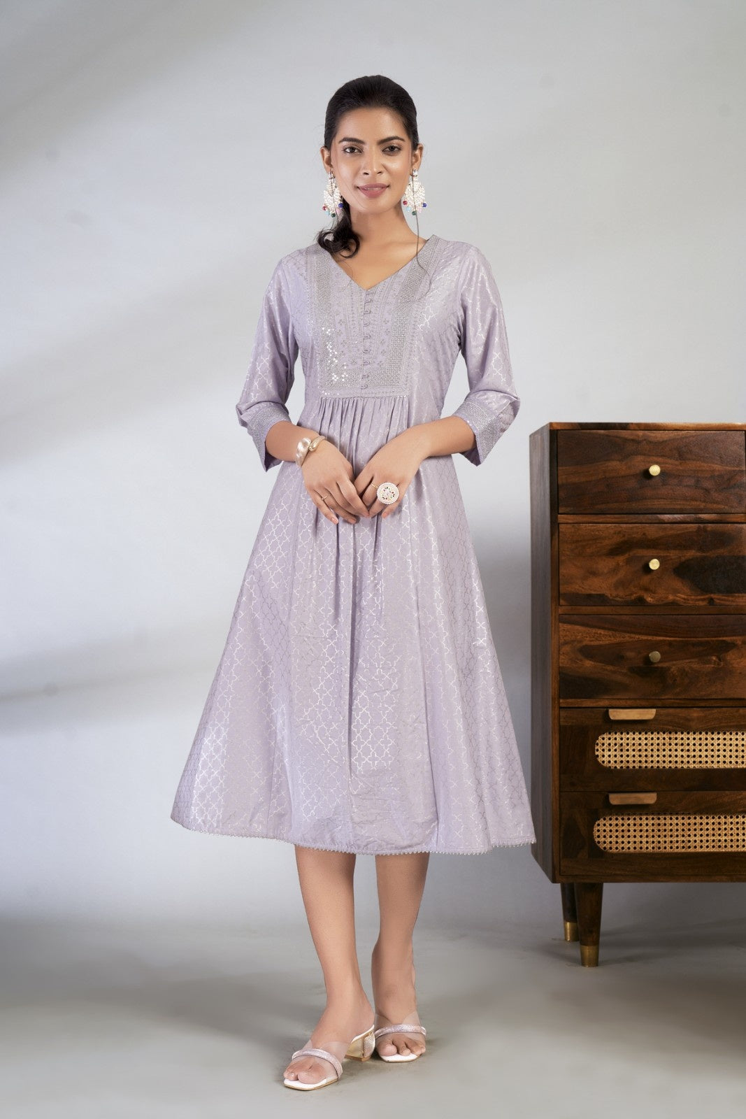 Laxmipati Reshami  - KT0055 Lavender A-line Foil Print With Embroidered Viscose Woman Kurta