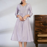 Laxmipati Reshami  - KT0055 Lavender A-line Foil Print With Embroidered Viscose Woman Kurta