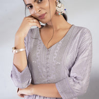 Laxmipati Reshami  - KT0055 Lavender A-line Foil Print With Embroidered Viscose Woman Kurta