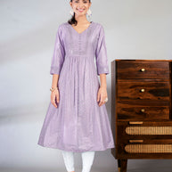 Laxmipati Jasmine Geometric Foil Print Viscose A Line Kurti with Embroidered Neckline in Purple Color