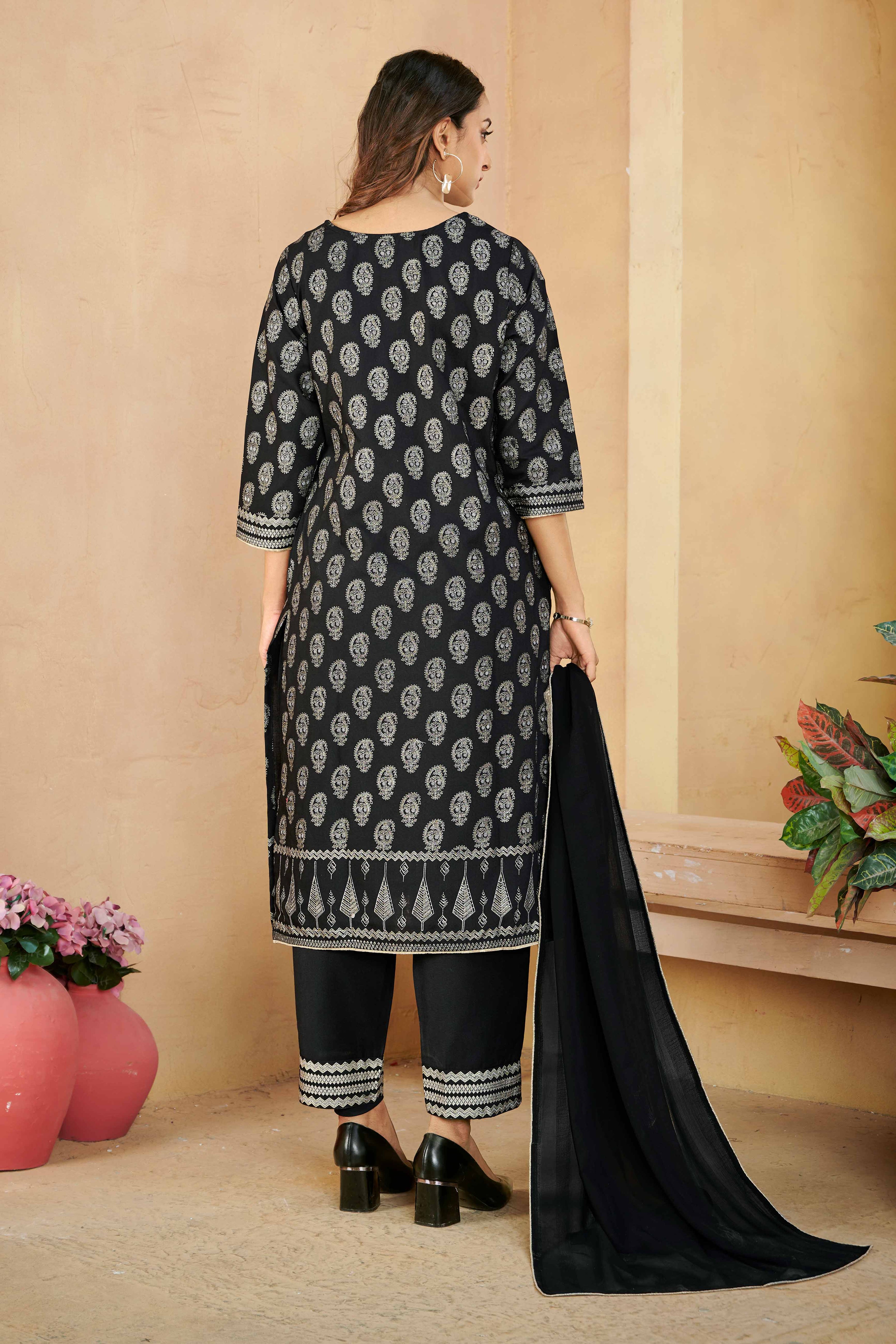 Laxmipati Gulabo Foil-Printed Straight Kurta Set with Trousers & Dupatta in Black Color
