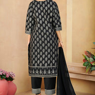 Laxmipati Gulabo Foil-Printed Straight Kurta Set with Trousers & Dupatta in Black Color