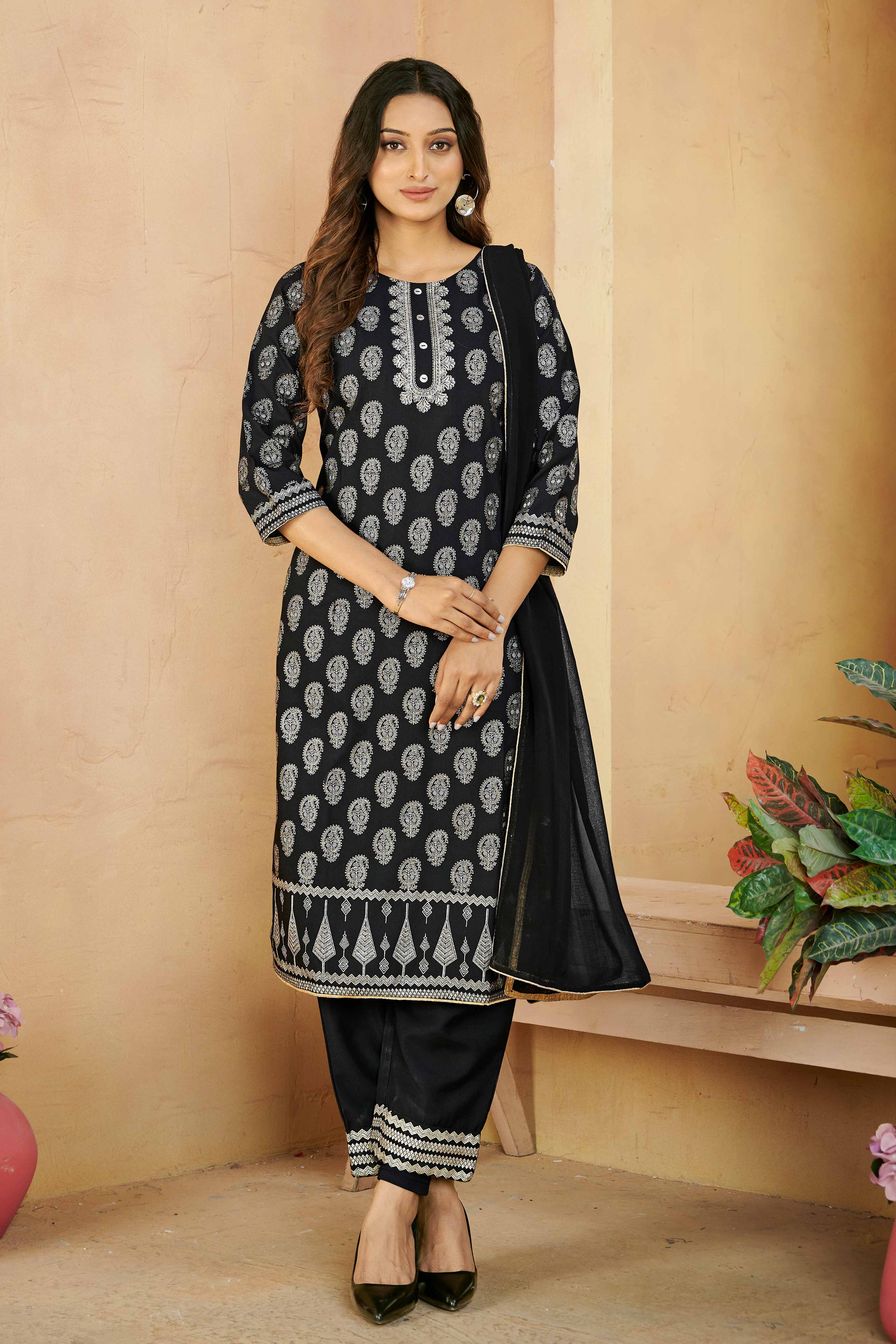 Laxmipati Gulabo Foil-Printed Straight Kurta Set with Trousers & Dupatta in Black Color
