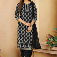 Laxmipati Gulabo Foil-Printed Straight Kurta Set with Trousers & Dupatta in Black Color
