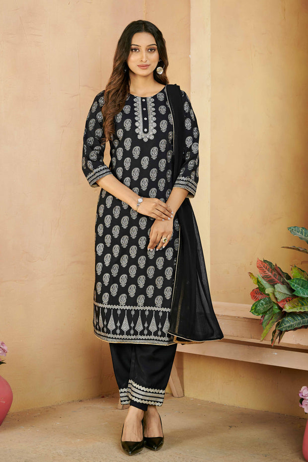 Laxmipati Gulabo Foil-Printed Straight Kurta Set with Trousers & Dupatta in Black Color