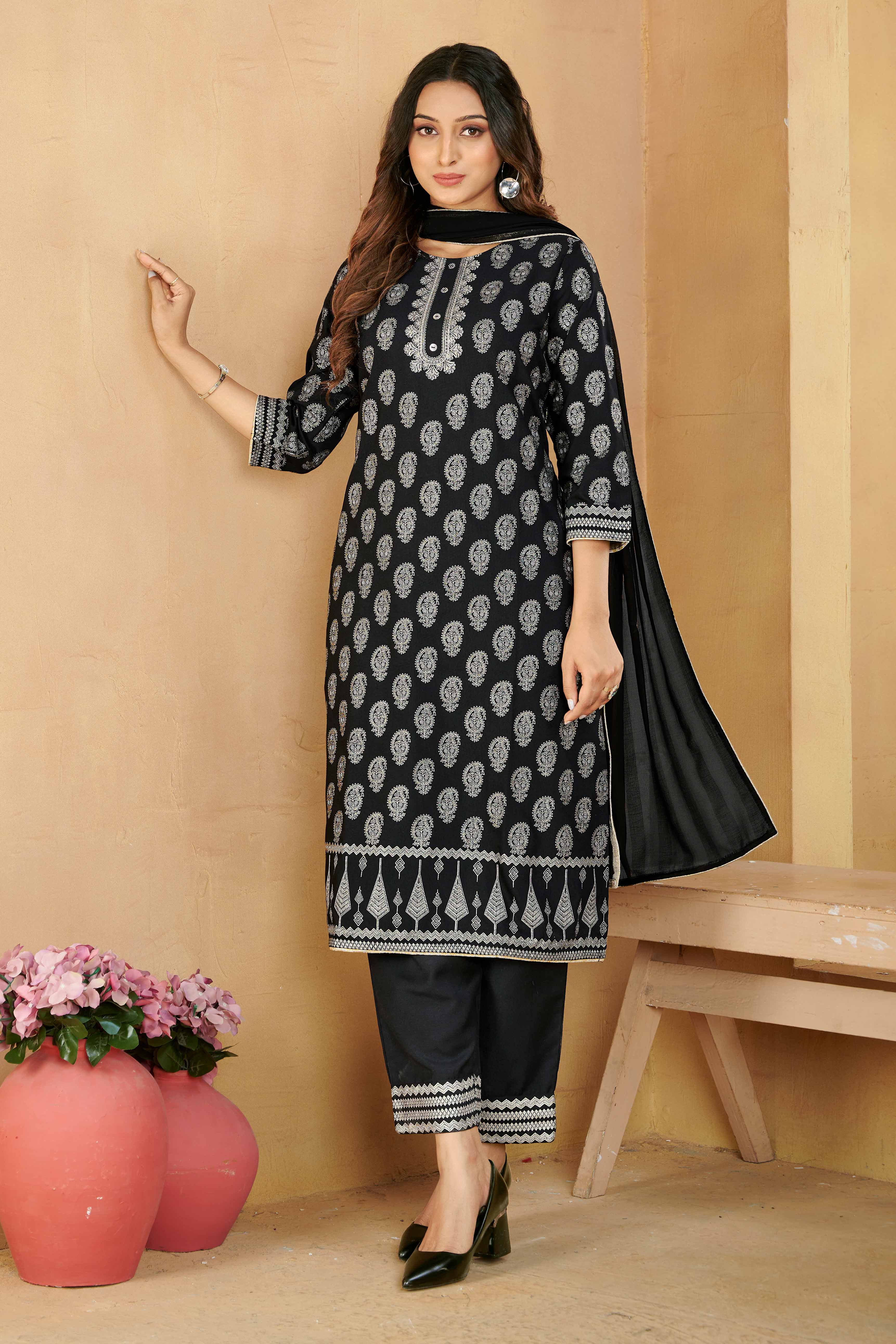 Laxmipati Gulabo Foil-Printed Straight Kurta Set with Trousers & Dupatta in Black Color
