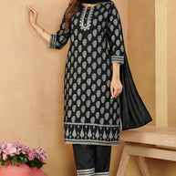 Laxmipati Gulabo Foil-Printed Straight Kurta Set with Trousers & Dupatta in Black Color