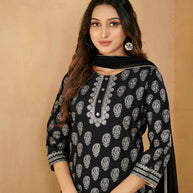 Laxmipati Gulabo Foil-Printed Straight Kurta Set with Trousers & Dupatta in Black Color