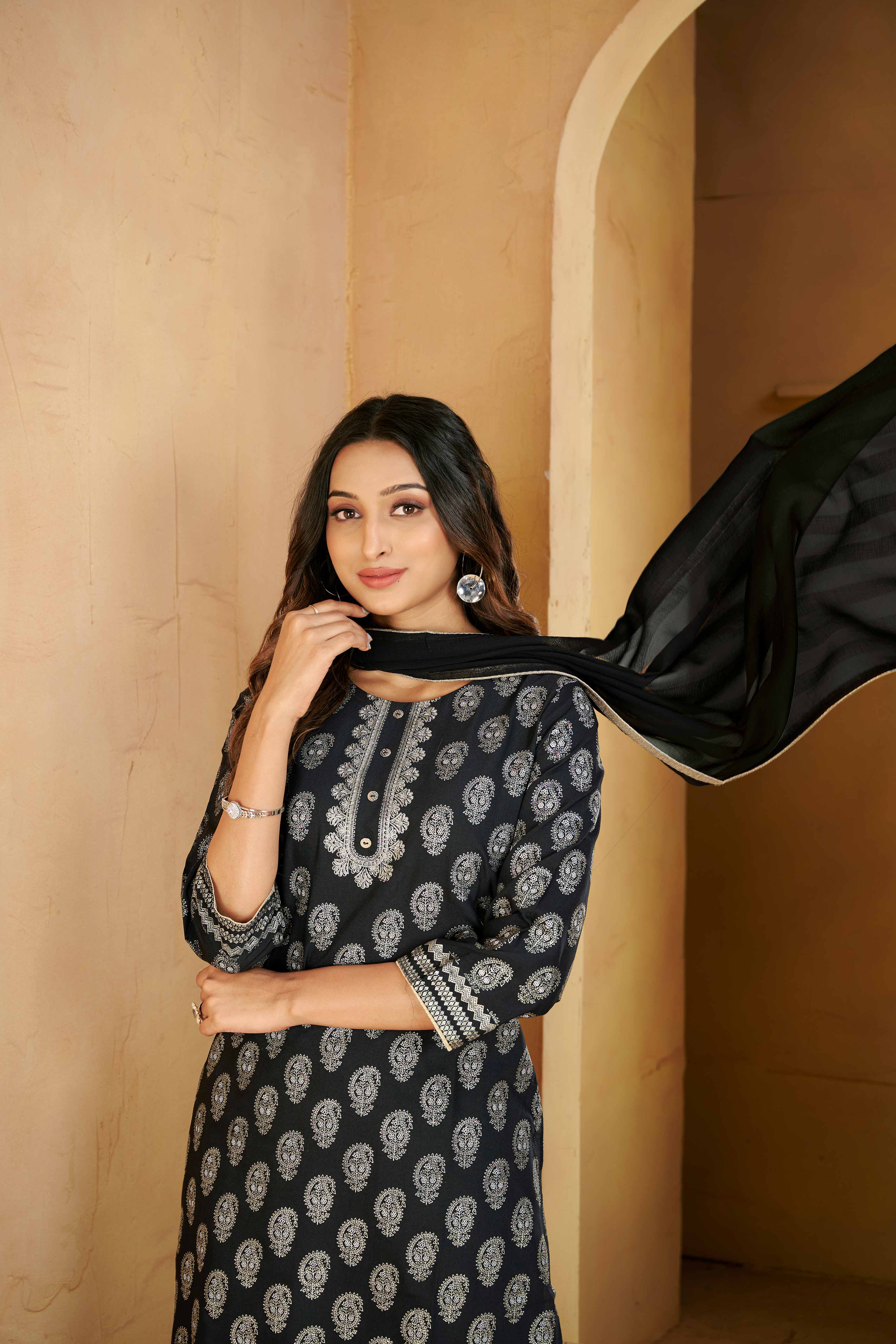 Laxmipati Gulabo Foil-Printed Straight Kurta Set with Trousers & Dupatta in Black Color