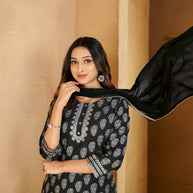Laxmipati Gulabo Foil-Printed Straight Kurta Set with Trousers & Dupatta in Black Color