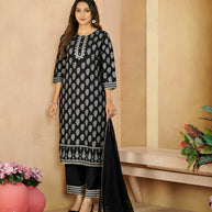 Laxmipati Gulabo Foil-Printed Straight Kurta Set with Trousers & Dupatta in Black Color