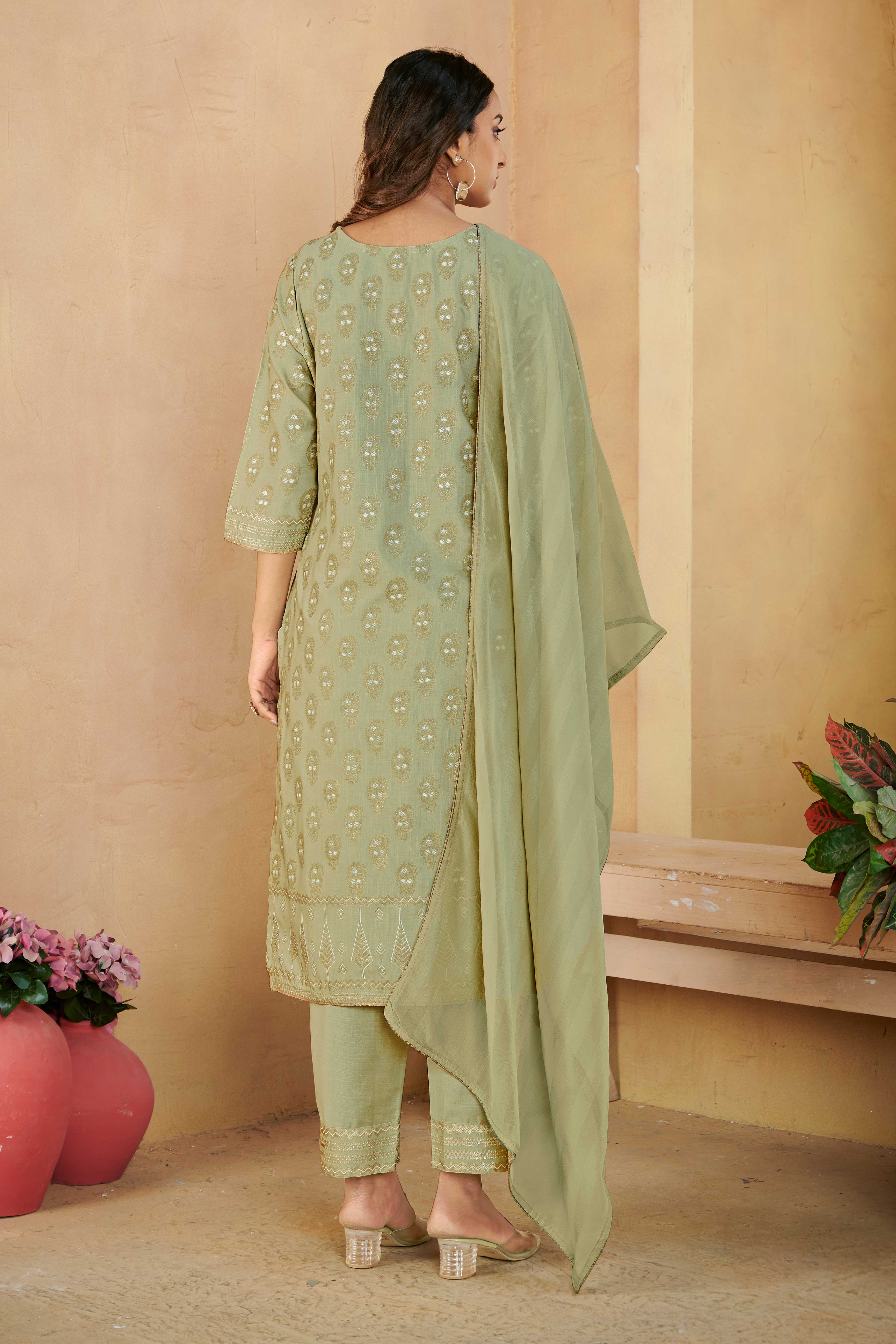 Laxmipati Gulabo Foil-Printed Straight Kurta Set with Trousers & Dupatta in Green Color