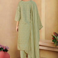 Laxmipati Gulabo Foil-Printed Straight Kurta Set with Trousers & Dupatta in Green Color