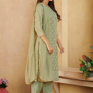 Laxmipati Gulabo Foil-Printed Straight Kurta Set with Trousers & Dupatta in Green Color