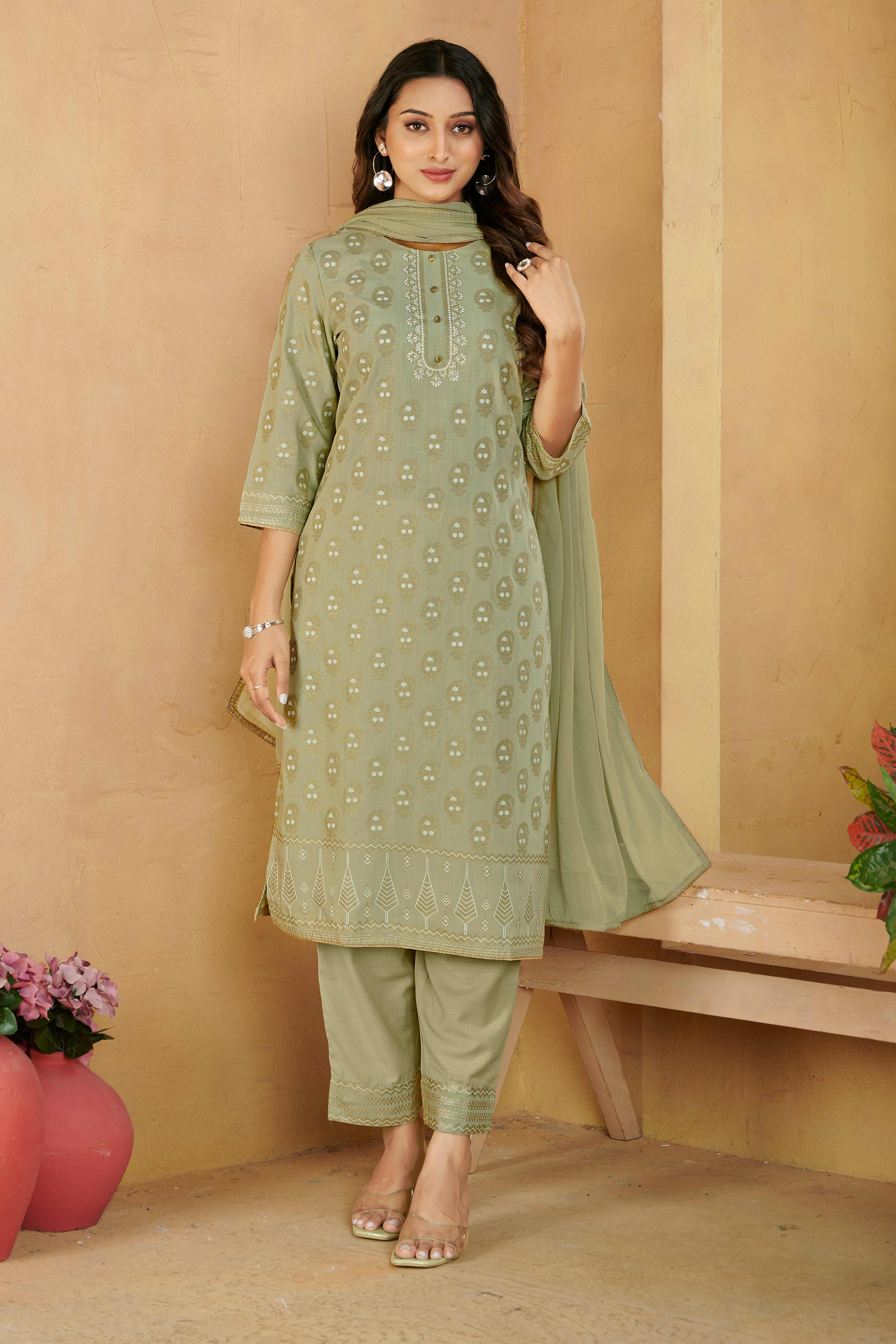 Laxmipati Gulabo Foil-Printed Straight Kurta Set with Trousers & Dupatta in Green Color
