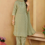 Laxmipati Gulabo Foil-Printed Straight Kurta Set with Trousers & Dupatta in Green Color