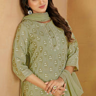Laxmipati Gulabo Foil-Printed Straight Kurta Set with Trousers & Dupatta in Green Color
