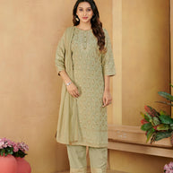 Laxmipati Gulabo Foil-Printed Straight Kurta Set with Trousers & Dupatta in Green Color