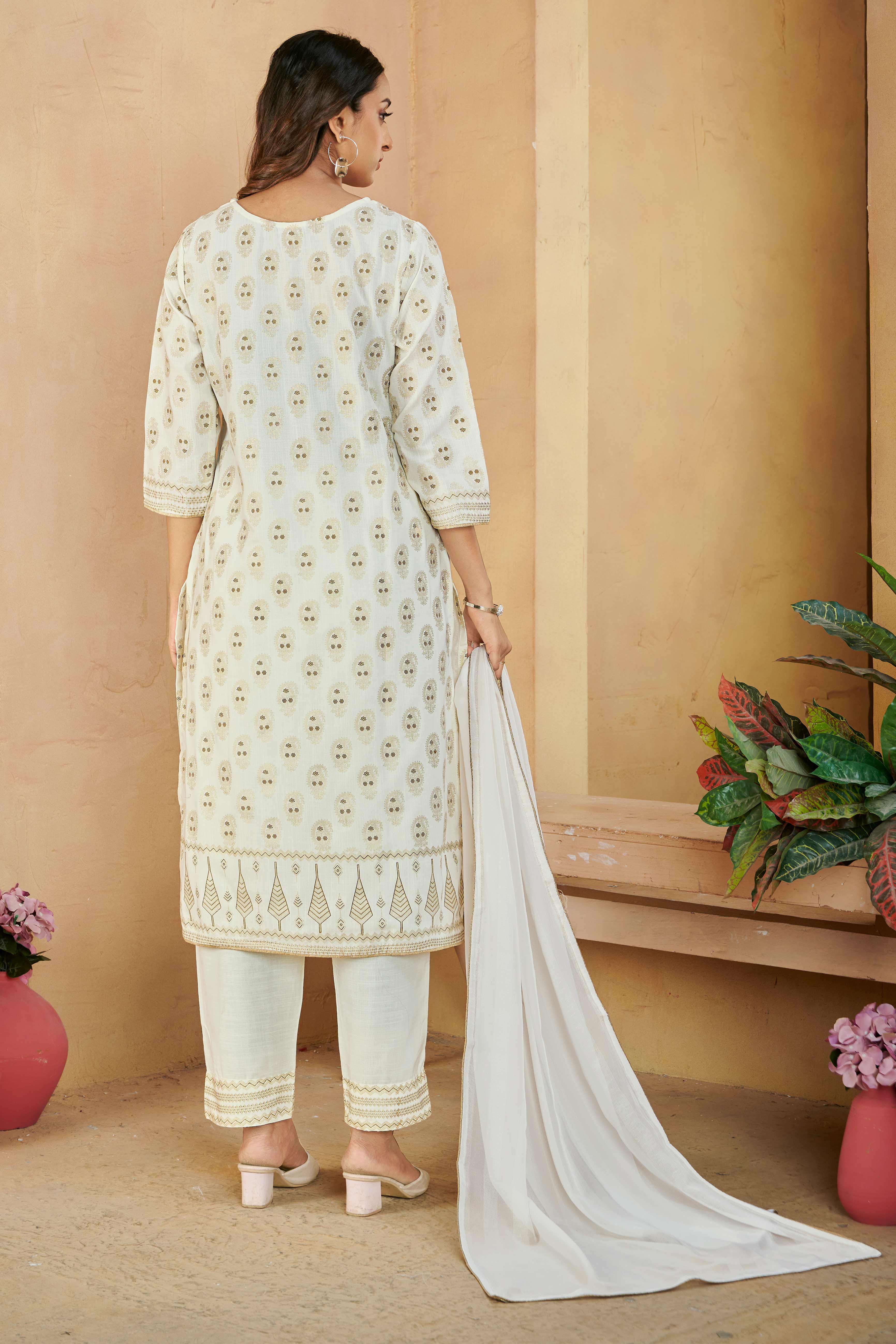 Laxmipati Gulabo Foil-Printed Straight Kurta Set with Trousers & Dupatta in Off-White Color