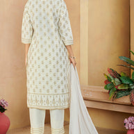 Laxmipati Gulabo Foil-Printed Straight Kurta Set with Trousers & Dupatta in Off-White Color