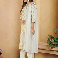 Laxmipati Gulabo Foil-Printed Straight Kurta Set with Trousers & Dupatta in Off-White Color