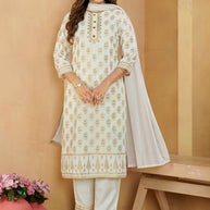 Laxmipati Gulabo Foil-Printed Straight Kurta Set with Trousers & Dupatta in Off-White Color