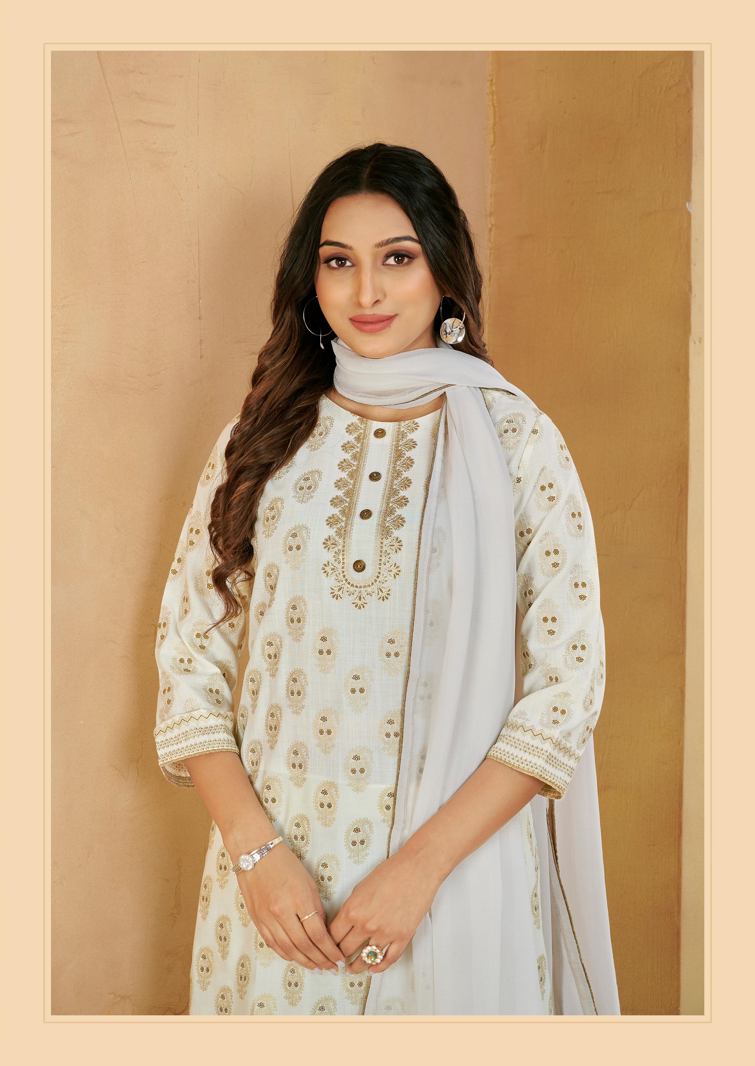 Laxmipati Gulabo Foil-Printed Straight Kurta Set with Trousers & Dupatta in Off-White Color