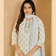 Laxmipati Gulabo Foil-Printed Straight Kurta Set with Trousers & Dupatta in Off-White Color