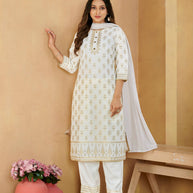 Laxmipati Gulabo Foil-Printed Straight Kurta Set with Trousers & Dupatta in Off-White Color