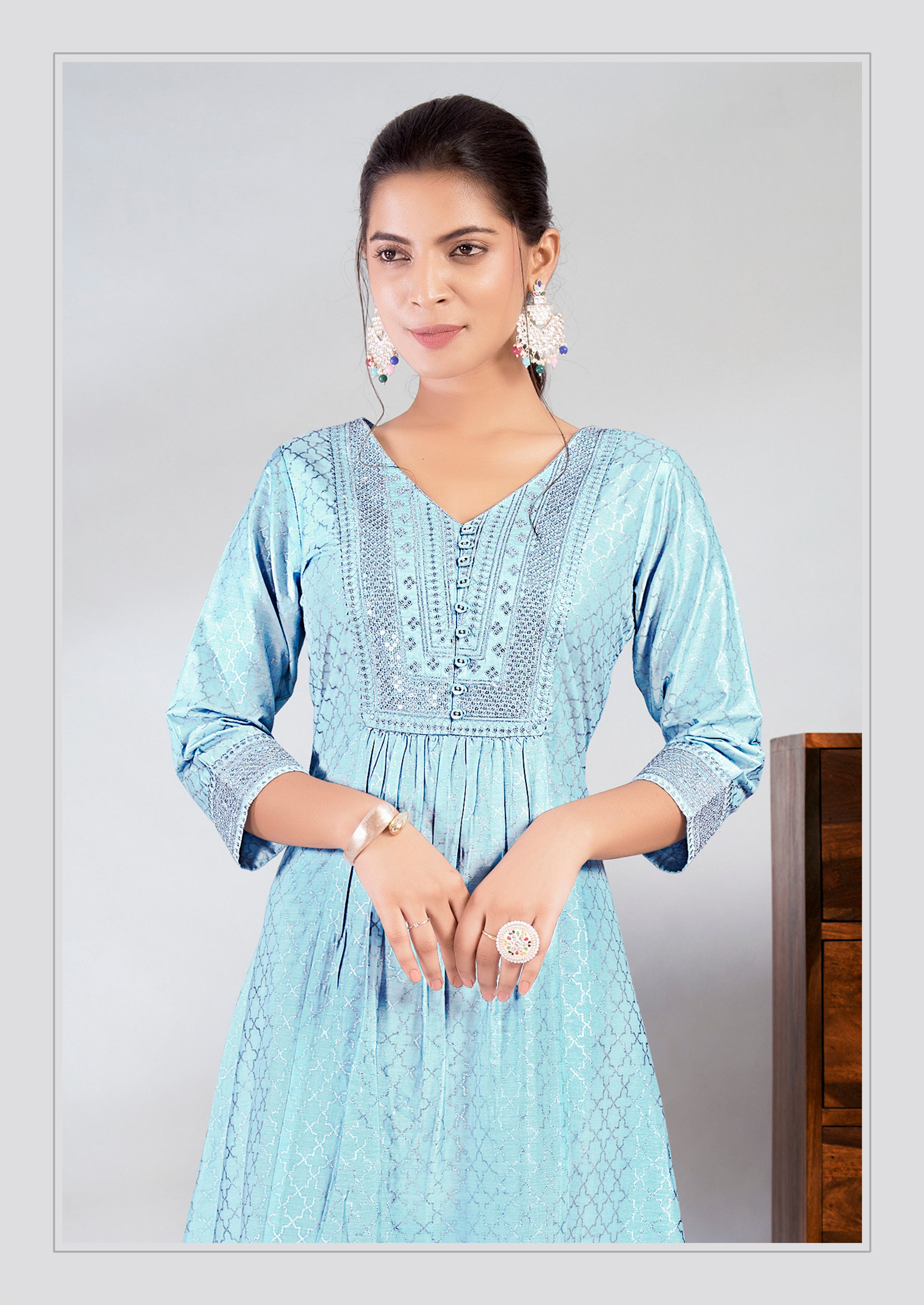 Laxmipati Jasmine Geometric Foil Print Viscose A Line Kurti with Embroidered Neckline in Blue Color