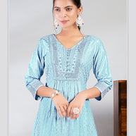 Laxmipati Jasmine Geometric Foil Print Viscose A Line Kurti with Embroidered Neckline in Blue Color