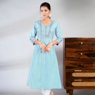 Laxmipati Jasmine Geometric Foil Print Viscose A Line Kurti with Embroidered Neckline in Blue Color