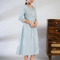 Laxmipati Reshami  - KT0068 Sky Blue A-line Foil Print With Embroidered Viscose Woman Kurta