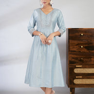 Laxmipati Reshami  - KT0068 Sky Blue A-line Foil Print With Embroidered Viscose Woman Kurta