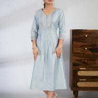 Laxmipati Reshami  - KT0068 Sky Blue A-line Foil Print With Embroidered Viscose Woman Kurta