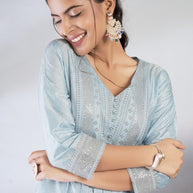 Laxmipati Reshami  - KT0068 Sky Blue A-line Foil Print With Embroidered Viscose Woman Kurta
