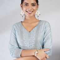 Laxmipati Reshami  - KT0068 Sky Blue A-line Foil Print With Embroidered Viscose Woman Kurta