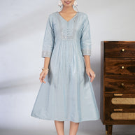 Laxmipati Reshami  - KT0068 Sky Blue A-line Foil Print With Embroidered Viscose Woman Kurta