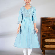 Laxmipati Jasmine Geometric Foil Print Viscose A Line Kurti with Embroidered Neckline in Blue Color