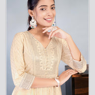 Laxmipati Jasmine Geometric Foil Print Viscose A Line Kurti with Embroidered Neckline in Cream Color