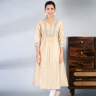 Laxmipati Jasmine Geometric Foil Print Viscose A Line Kurti with Embroidered Neckline in Cream Color