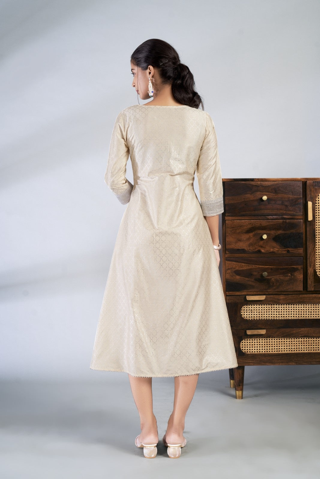 Laxmipati Reshami  - KT0069 Cream A-line Foil Print With Embroidered Viscose Woman Kurta