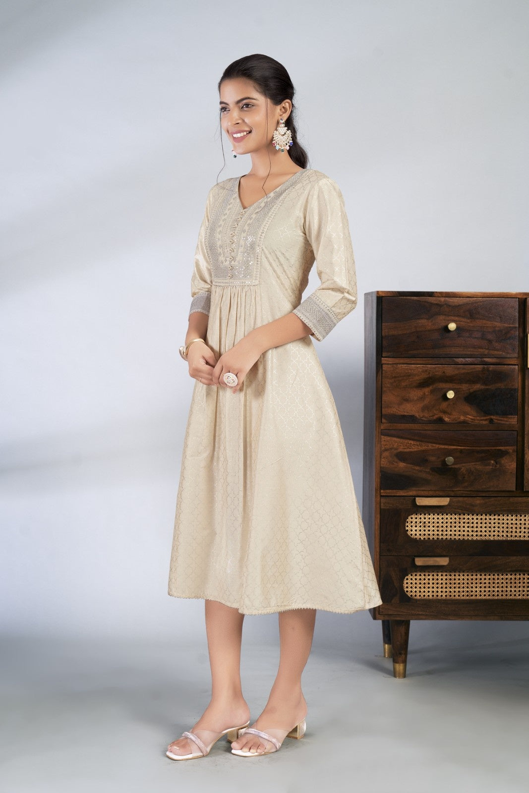 Laxmipati Reshami  - KT0069 Cream A-line Foil Print With Embroidered Viscose Woman Kurta