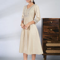 Laxmipati Reshami  - KT0069 Cream A-line Foil Print With Embroidered Viscose Woman Kurta
