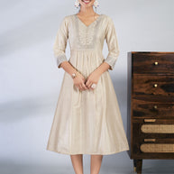 Laxmipati Reshami  - KT0069 Cream A-line Foil Print With Embroidered Viscose Woman Kurta