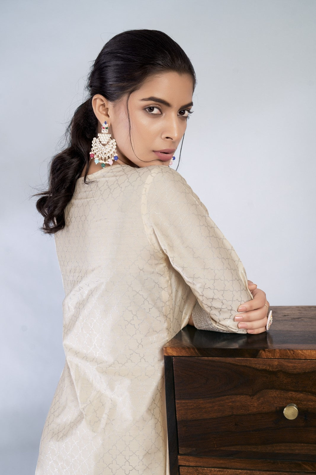 Laxmipati Reshami  - KT0069 Cream A-line Foil Print With Embroidered Viscose Woman Kurta