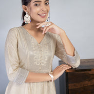 Laxmipati Reshami  - KT0069 Cream A-line Foil Print With Embroidered Viscose Woman Kurta