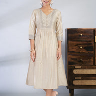 Laxmipati Reshami  - KT0069 Cream A-line Foil Print With Embroidered Viscose Woman Kurta